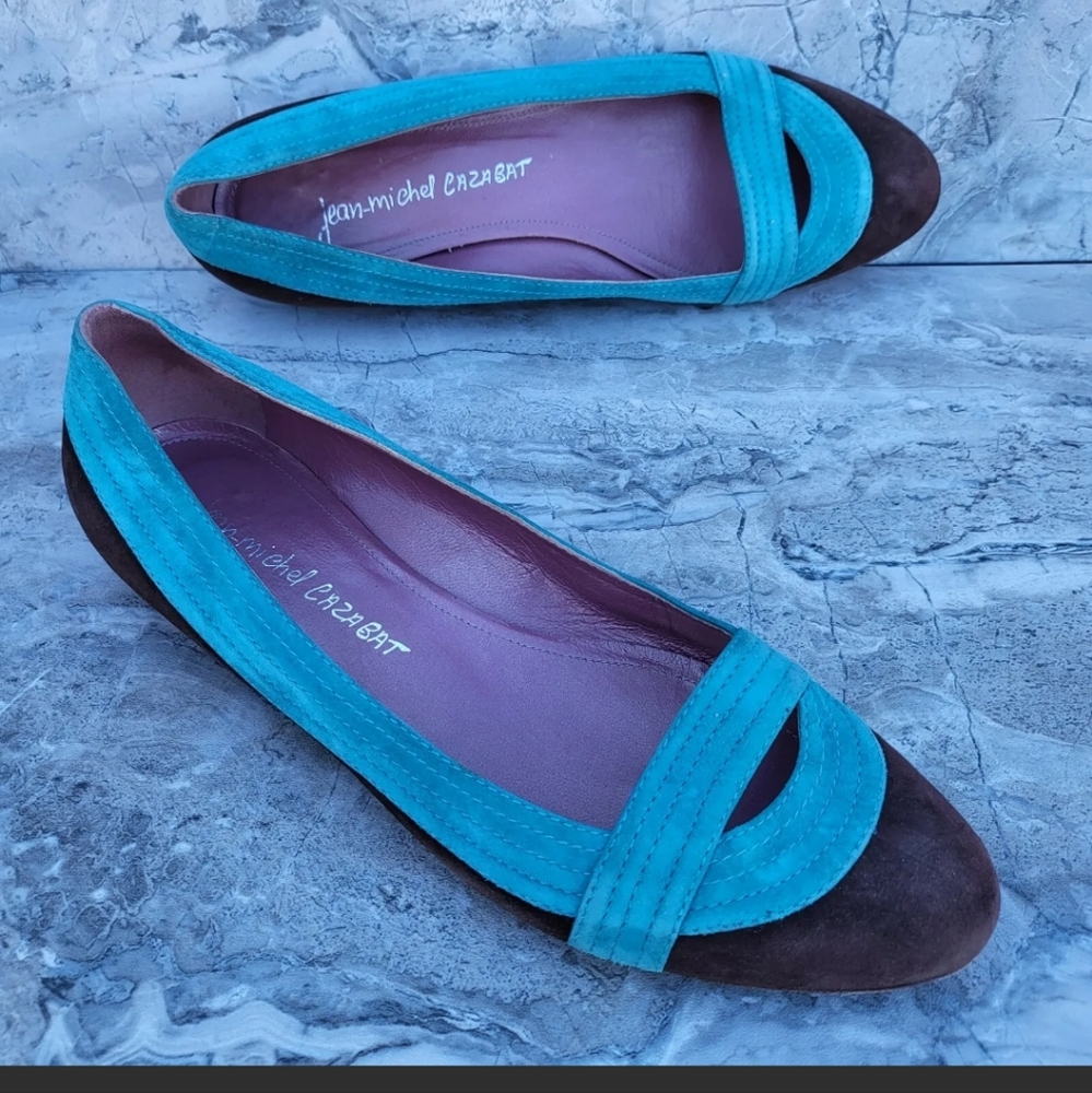 Jean Michel Cazabat Women's 38 Brown Teal  8 Suede Slip On Ballet Flats Shoes